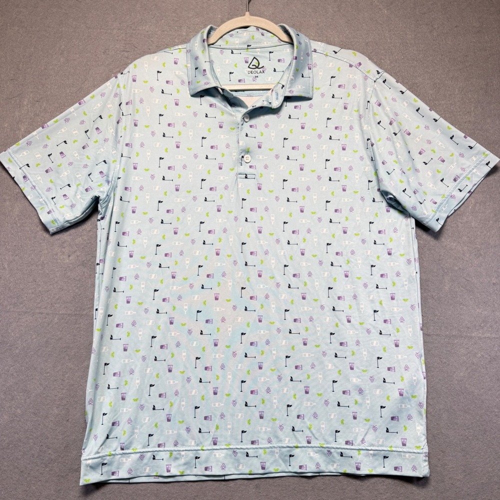 Deolax Mens Golf Polo Shirt Light Blue Novelty Golf Flag Cocktail‎ Print Size M